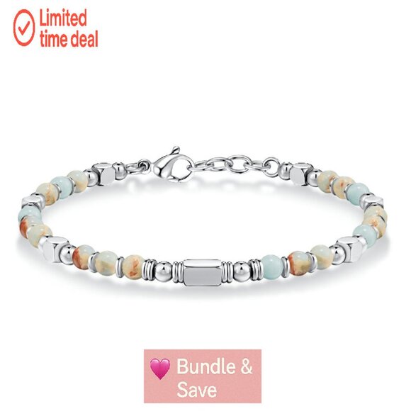 Boho Beaded Bracelet with Natural Stones, Adjustable 8.1 Inch, Recycled Material - Picture 1 of 8